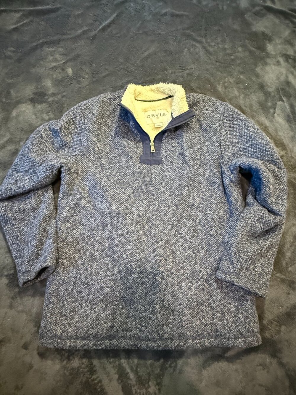 Orvis Sherpa Fleece Lined Quarter Zip Pullover Sweater Blue Knit Medium M